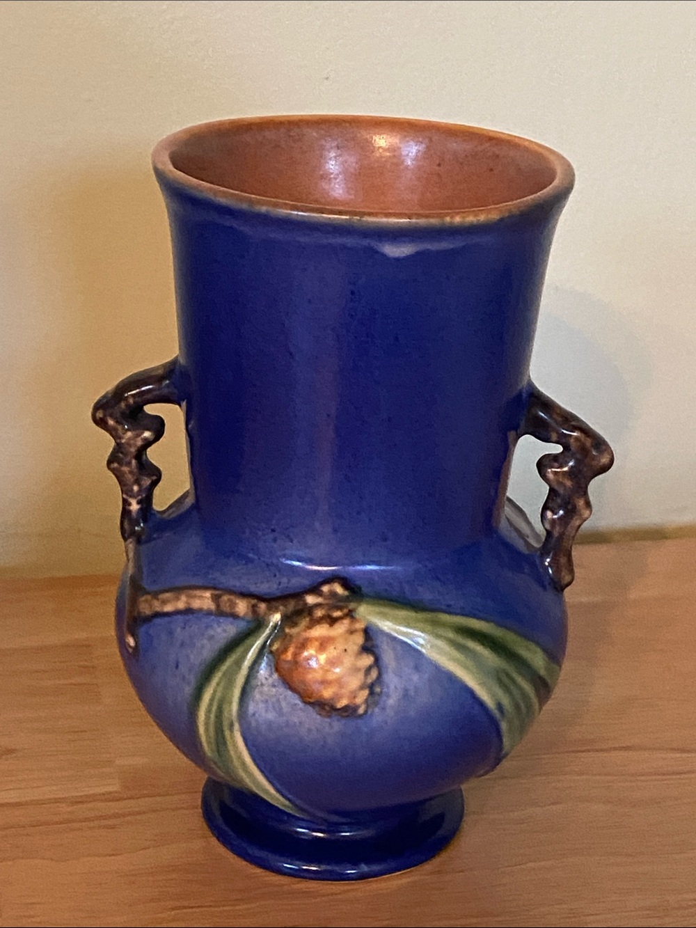 Vintage Blue Roseville Vase with Pinecone Accents 839-6